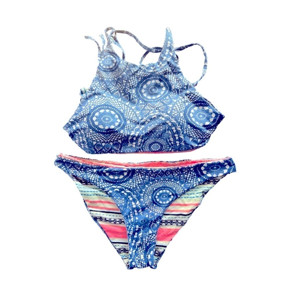 WOMENS UNBRANDED BIKINI BOHO PRINT REVERSIBLE STRING TOP SIZE SMALL PINK BLUE